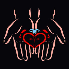 Christ's wounded hands hold a heart with a cross and flying bird