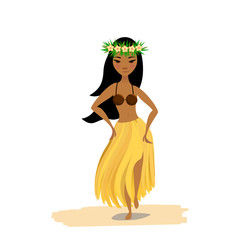 Cute hawaiian girl dancing hula in traditional costume.