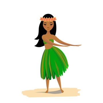 Cute hawaiian girl dancing hula in traditional costume.