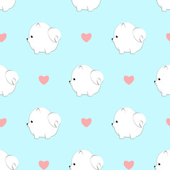 Cute pomeranian dog and hearts seamless pattern isolated on light blue background.