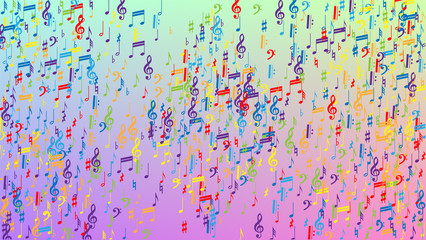 Disco Background. Colorful Musical Notes Symbol Falling on Hologram Background. Many Random Falling Notes, Bass and, Treble Clef. Disco Vector Template with Musical Symbols.