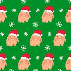 Christmas, winter seamless pattern with cute rabbit in Santa Claus hat and snowflackes.