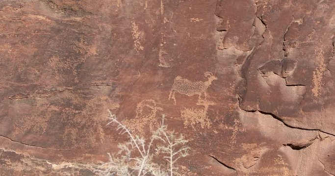 Indian rock art ancient engraving Utah. Nine Mile Canyon, Utah. World&rsquo;s longest art gallery of ancient native American, Indian rock art, hieroglyphs, pictographs and petroglyphs.  