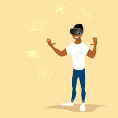 Young man wearing virtual reality goggles. VR headset technology, vr glasses. Cartoon stylized vector illustration for computer gaming, education, communication, business in 3d vertaul reality space.