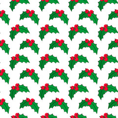 Vector seamless pattern. Christmas red berries with green leaves, isolated on white background. Festive decorative background.