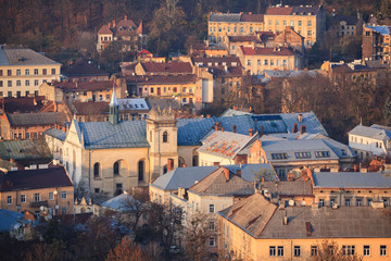 Lviv, city view, historical city center, Ukraine. Lviv roofs. The Church and Convent of the...