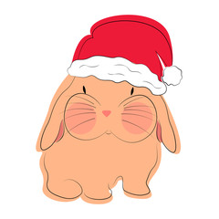 Cute little rabbit in red Santa hat. Vector Christmas bunny.