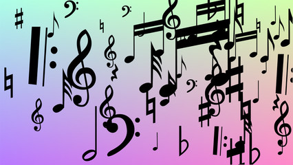 Disco Background. Many Random Falling Notes, Bass and, Treble Clef. Black Musical Notes Symbol Falling on Hologram Background. Disco Vector Template with Musical Symbols.