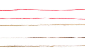 Strings, ropes isolated on white background, top view