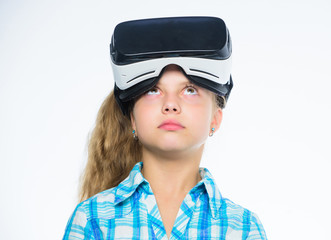 Happy kid use modern technology virtual reality. Virtual education for school pupil. Get virtual experience. Girl cute child with head mounted display on white background. Virtual reality concept