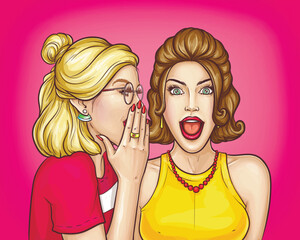 Women gossip pop art vector concept with woman whispering secret on ear, telling obscenity to shocked and amazed friend who listening with opened mouth illustration. Unbelievable sale announcement © vectorpocket