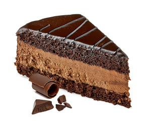 Chocolate or devils cake slice with curls isolated on white background