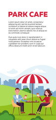 Fototapeta premium Vertical brochure design for park cafe. couple is relaxing in an outdoor cafe in city park on a grassy lawn under a striped parasol. People drink coffee and cakes. Flat cartoon vector illustration