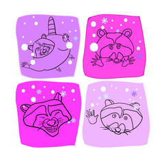 Set of vector drawings, greeting card, New Year's design, raccoon, cartoon hero, domestic pet