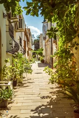 Deurstickers old street between stone houses with plants © katafree