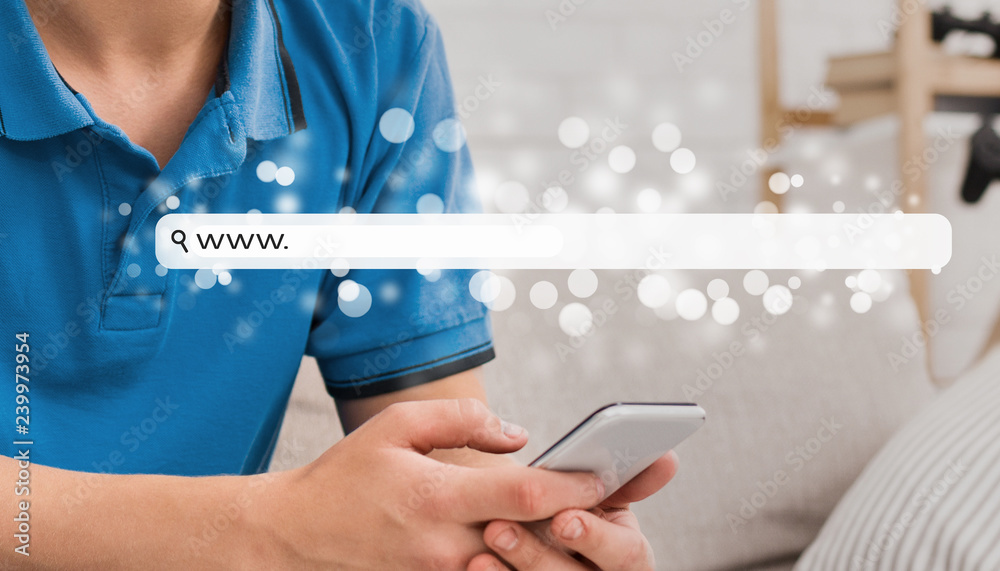 Aufkleber Man browsing online on smartphone with virtual blank search bar
