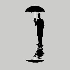 Silhouette of a man in a hat and raincoat holding an umbrella and his reflection in the water. A man with an umbrella. Isolated Vector illustration.