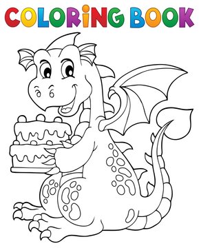 Coloring book dragon holding cake 1