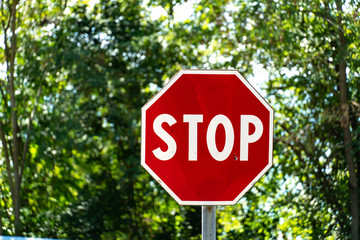 Stop sign with trees on background