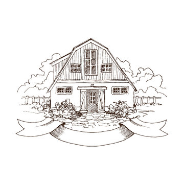 Rural landscape with old farmhouse and garden. Hand drawn illustration in vintage style. Large residential barn with a wooden fence. Retro ribbon for your text. Vector design