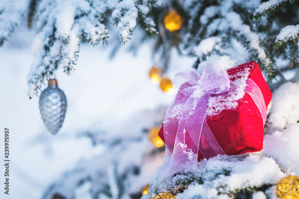 Wall mural close-up red new year's gift with a white ribbon next to christmas toys on the branches of a snow-co