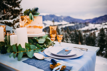 Nice wedding decor in the winter style in the mountains