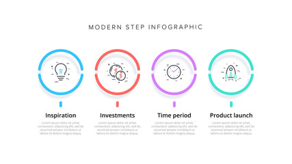 Business process chart infographics with 4 step circles. Circular corporate workflow graphic elements. Company flowchart presentation slide template. Vector info graphic design.