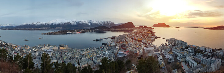 Panorama of the Alesund town in Norway at sunset