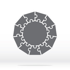 Simple icon polygonal puzzle in gray. Simple icon polygonal puzzle of the eleven elements and center on gray background. Flat design. Vector illustration EPS10. 
