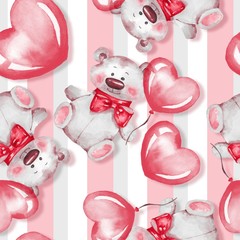 Modèle sans couture avec ours en peluche et ballons. La Saint-Valentin. Illustration à l& 39 aquarelle