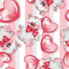 Stickers fenêtre Animaux avec ballon Modèle sans couture avec ours en peluche et ballons. La Saint-Valentin. Illustration à l& 39 aquarelle