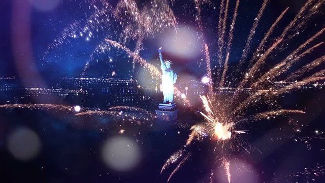 Fireworks at Night with Statue of Liberty, Happy New Year Text with fireworks isolated on black background, Celebration magic background with beautiful typography.
