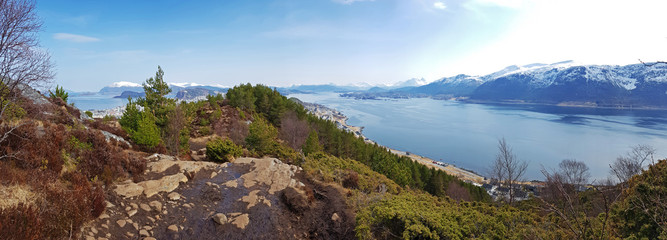 Panorama of west Norway coastline from the Sukkertoppen hill