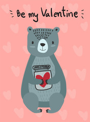 love card  vector flat design hand drawn blue teddy hold bottle of heart