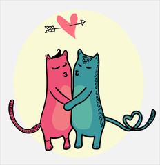 doodle cats kissing with heart flying in love frame