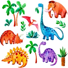 Door stickers Dinosaurs Seamless pattern with cartoon dinosaurus. Hand drawn watercolor illustration