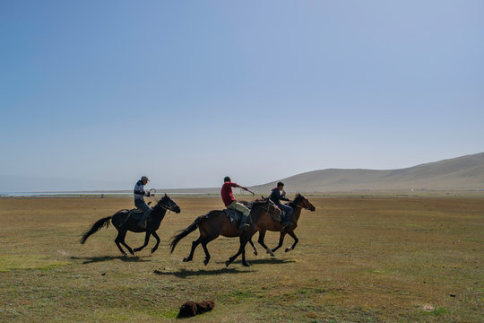 Horses racing across Song Kul plateau in Kyrgyzstan on dry grass