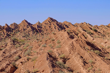 Fototapeta premium Folding and natural hexagonal column of the mountains, canyon of Cuesta Del Viento, Rodeo, San Juan, Argentina