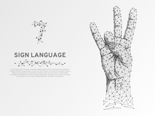 Origami style Sign language number seven gesture, hand with three fingers pointing up. Polygonal low poly. Deaf People silent communication alphabet. Connection wireframe. Vector 7 on white background
