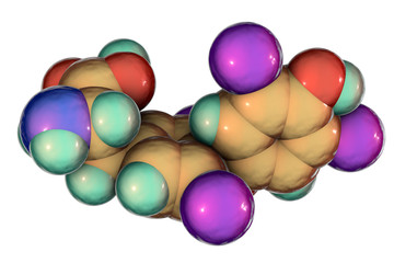Molecule of thyroxine, T4, a hormone produced by thyroid gland, 3D illustration
