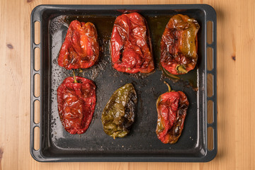Top view of red pepper roasted in the oven