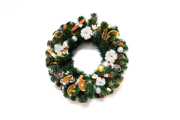 Top view of traditional Christmas wreath with copy space. Winter holidays and Christmas celebration concept