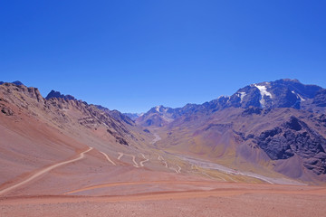 Old dangerous mountain road of the Paso de la Cumbre or Cristo Redentor in the Andes between Argentina and Chile