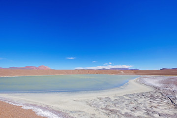 Fototapeta na wymiar Beautiful green and blue lagoon Laguna Brava, a salt lake in the Argentine Andes, near Paso Pircas Negras, Argentina