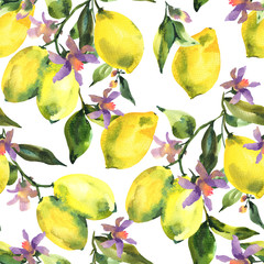 Watercolor seamless pattern with branch of fresh citrus fruit lemon