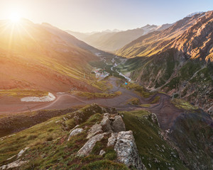 Russia, Kabardino-Balkaria, Elbrus region, mount Elbrus. View from the station horizon (3000m) to the clearing Azau and Baksanskoe gorge.