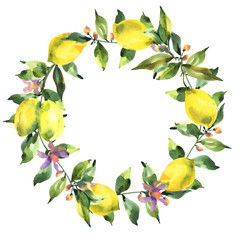Watercolor wreath with branch of fresh citrus fruit lemon, green leaves and flowers