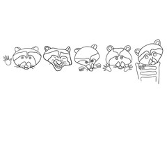 Set of vector line drawings, raccoons, portraits of raccoons, cartoon characters