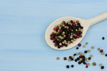 Wooden spoon with mix of different pepper grains.