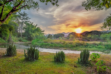 Landscape view with sunset and mountains  in Pai, Northern Thailand